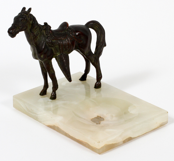 BRONZE AND MARBLE FIGURAL ASHTRAY, H 6", W 5" D 7`: Horse figure standing with ashtray in front.