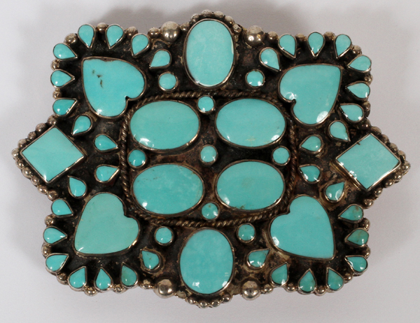 BELT BUCKLE, SILVER PLATE AND TURQUOISE COLORED STONES, H 2 1/2", W 3 1/2": Possible Sleeping