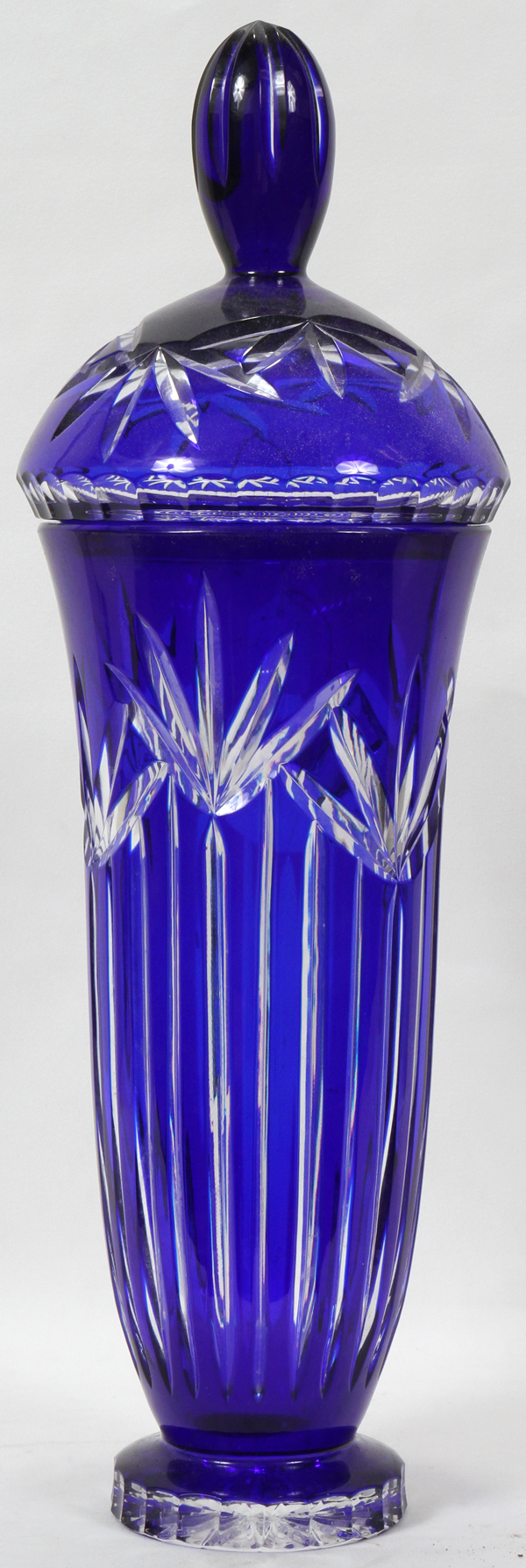 BOHEMIAN STYLE COBALT CRYSTAL COVERED URN, H 23 3/4", DIA 7 1/4": Mid 20th century.