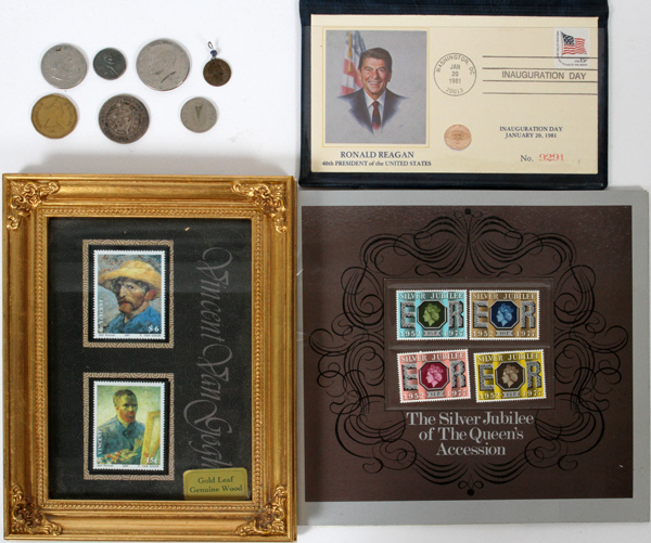 U.S. RONALD REAGAN 1981, 10K GOLD MEDAL, 1ST DAY COV #9291 INAUGURATION, PAPER CURRENCY, COINS,