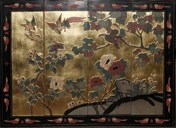 COROMANDEL FOUR-PANEL SCREEN H 36", W 48": depicts a scene of birds and blossoming trees.