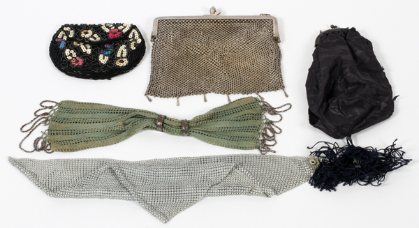 PURSE AND SCARF GROUP, 5 PCS: One mesh purse with link handle, one mesh silver scarf, one satin navy