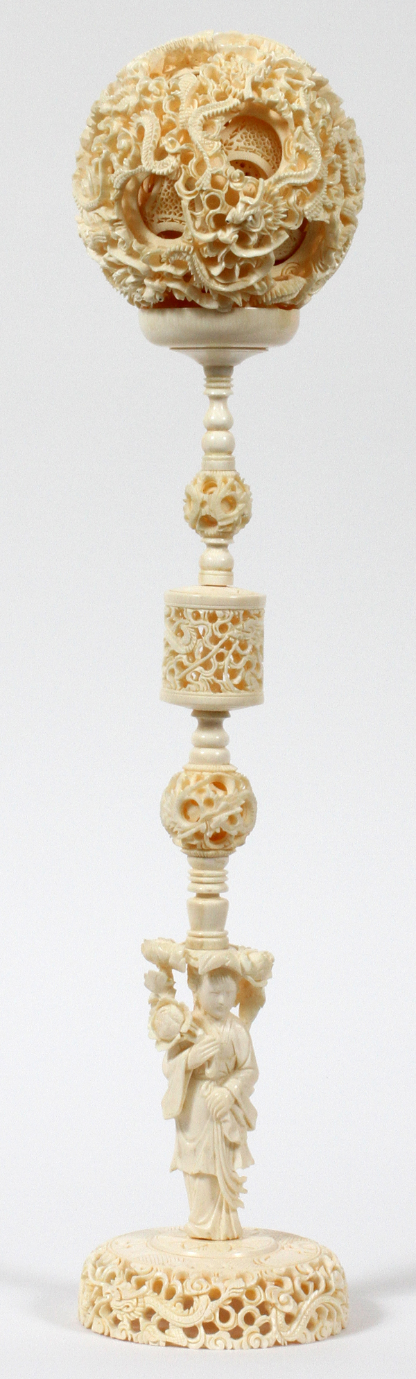 CHINESE CARVED IVORY, MYSTERY BALL + STAND: