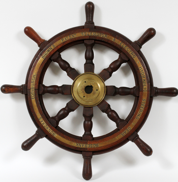 WOOD & BRASS SHIP`S WHEEL: "Rosebank Ironworks Edinburgh Hydraulic Steerer Gear". 30" diameter.