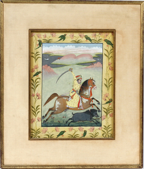 INDIAN PRINT, H 6", W 8", MUGHAL WITH SWORD ON HORSEBACK: Hand colored. Hudson`s label [#4031] on