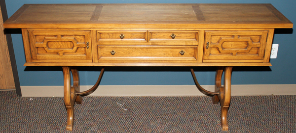 THOMASVILLE OAK SIDEBOARD, H 32", L 72", D 17": Having a rectangular top with overhanging ends,