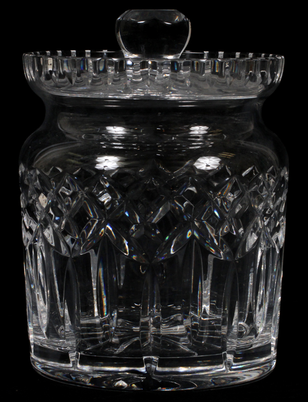 WATERFORD CUT CRYSTAL BISCUIT BARREL, H 7": Diamond and fluted designs