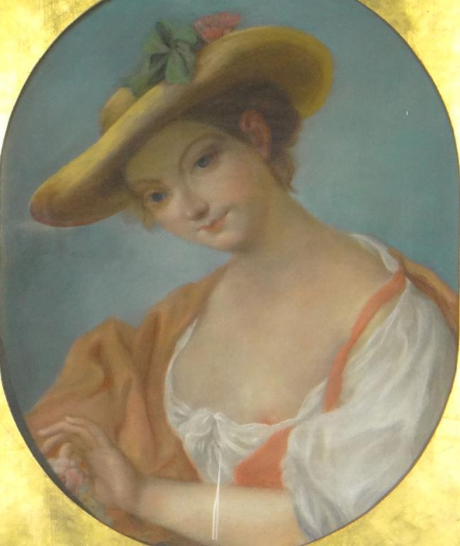 Large pastel portrait of a young French? girl, gilt mounted in a moulded gilt frame, bearing