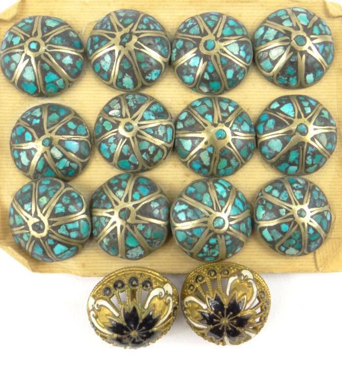 Twelve Edwardian brass buttons with turquoise coloured settings, together with two enamelled buttons