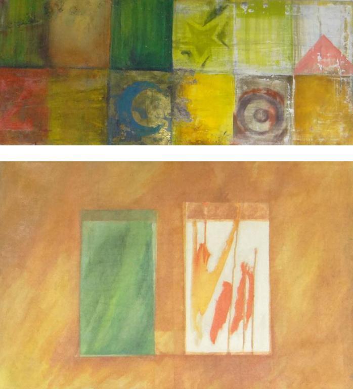 Two contemporary oil onto canvas abstract compositions - one inscribed to the reverse, the larger