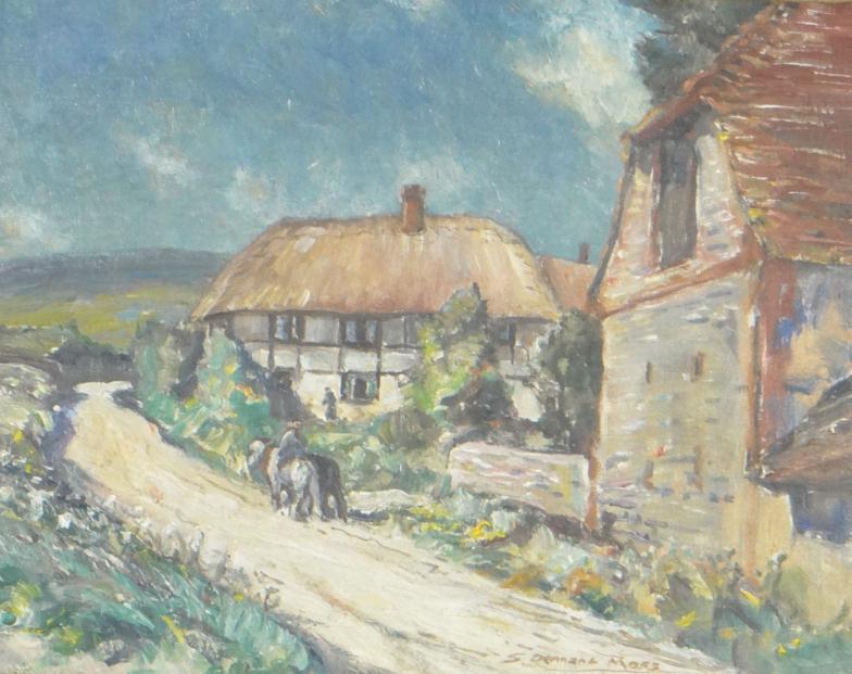 S. Dennant-Moss - Oil onto canvas view of cottages at Alfriston, signed, framed and inscribed to the