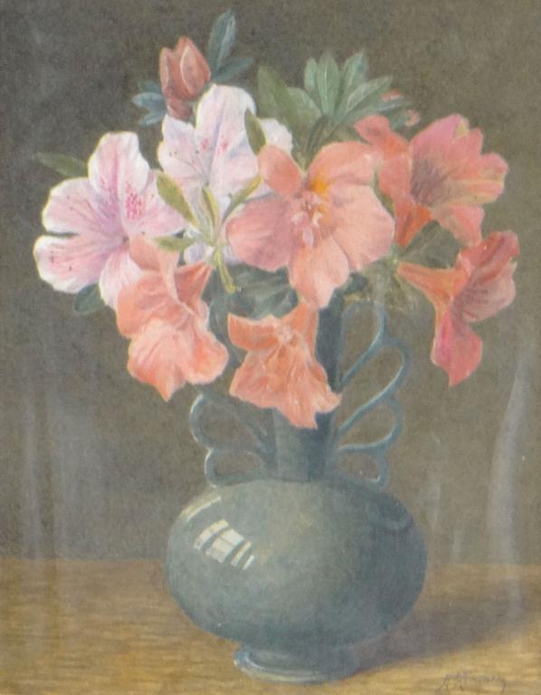 Watercolour view of still life flowers in a vase, indistinctly signed Alling?, framed, 24cm x 19cm :