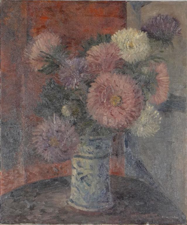 Oil onto canvas view of still life flowers in a vase, indistinctly signed, 61cm x 50cm : For