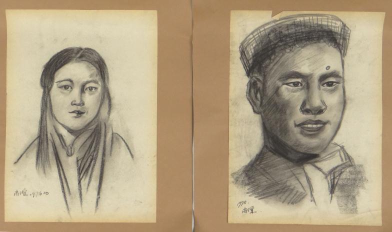 Two Chinese pencil/charcoal drawn portraits of a male and female, signed with character marks and