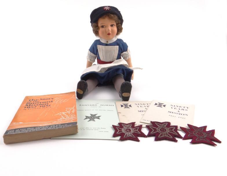 Ranyard nurse`s doll by Amanda Jane together with cloth patches and booklets including the history