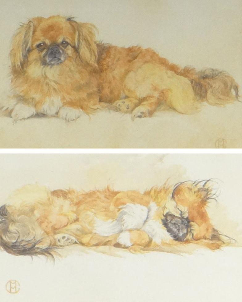 CMM - Two watercolour views of Pekinese dogs, each monogrammed, mounted and framed, each 28cm x 44cm