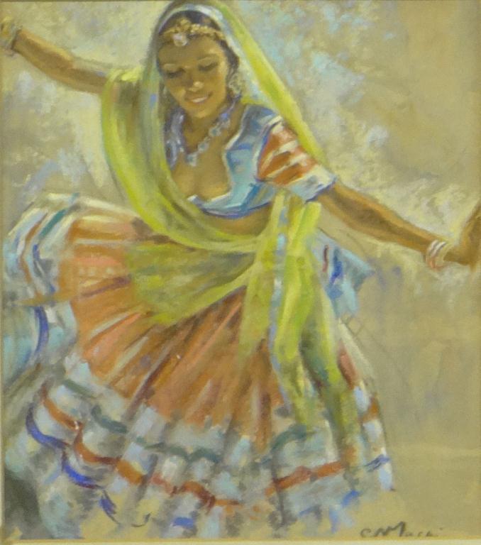 Pastel portrait of an Indian? dancing female, indistinctly signed, mounted and gilt framed, 34cm x