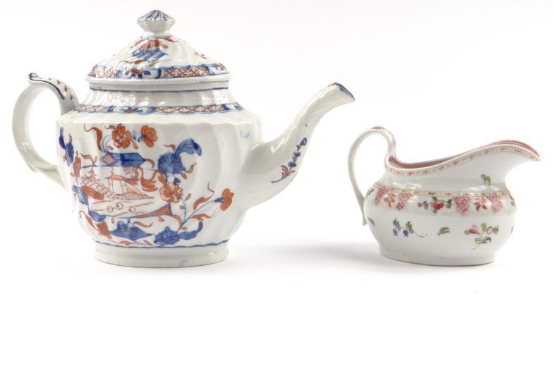 18th Century Newhall china jug enamelled with flowers, together with an early English fluted china