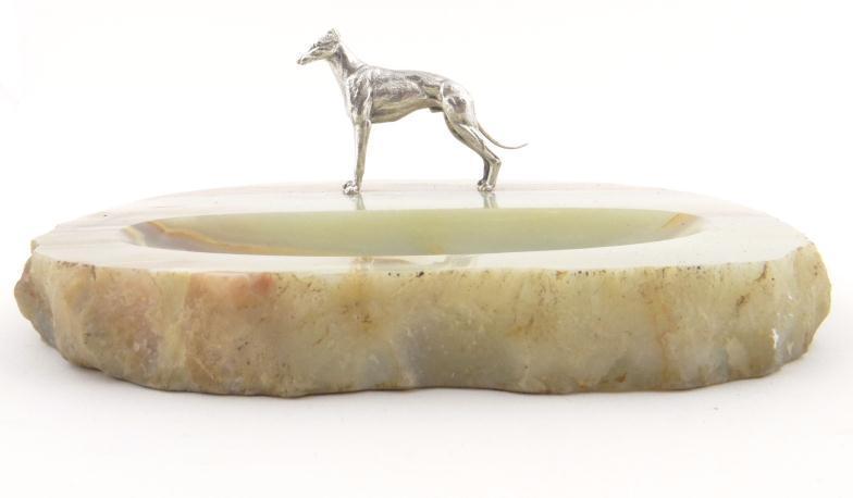 Large onyx dish with silver coloured metal greyhound mount, 19cm in length : For Condition Reports
