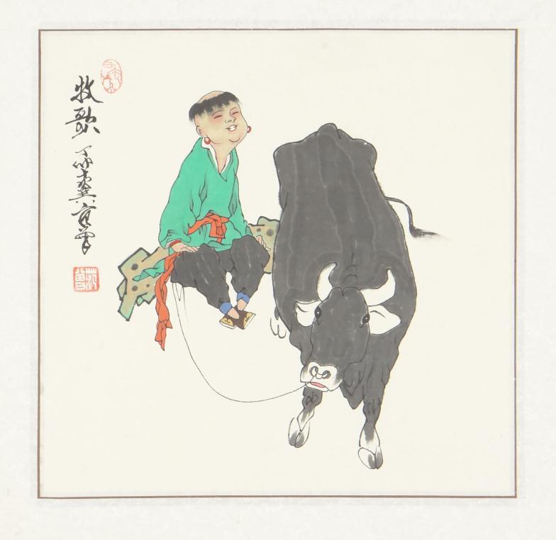 Chinese watercolour of a boy and water buffalo, signed with seal and character marks, 33cm square