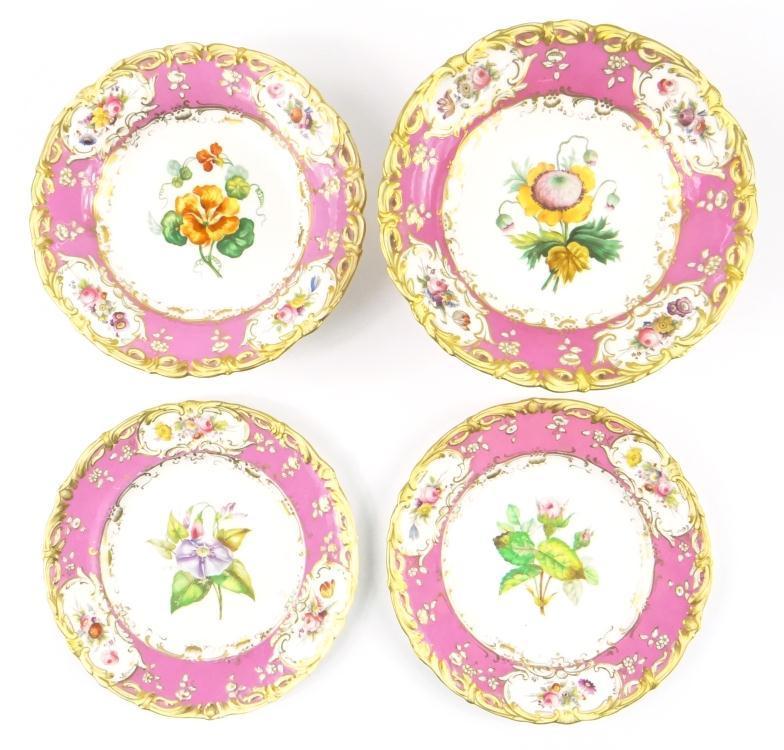 19th Century English china part dessert service hand painted with botanical studies within a pink