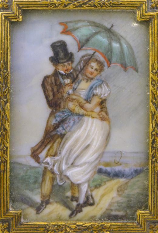 Rectangular Edwardian portrait miniature of a couple on a rural path, housed in a bone mounted