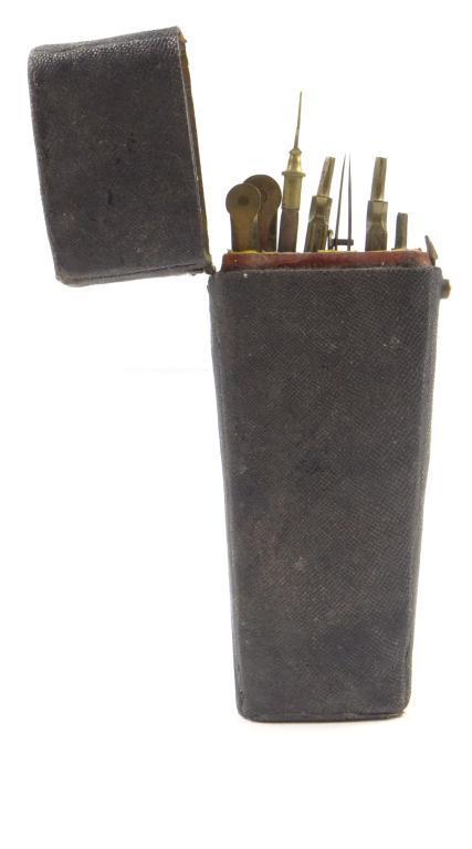 Antique part steel and brass drawing set housed in a shagreen etui, the case 18cm in length : For
