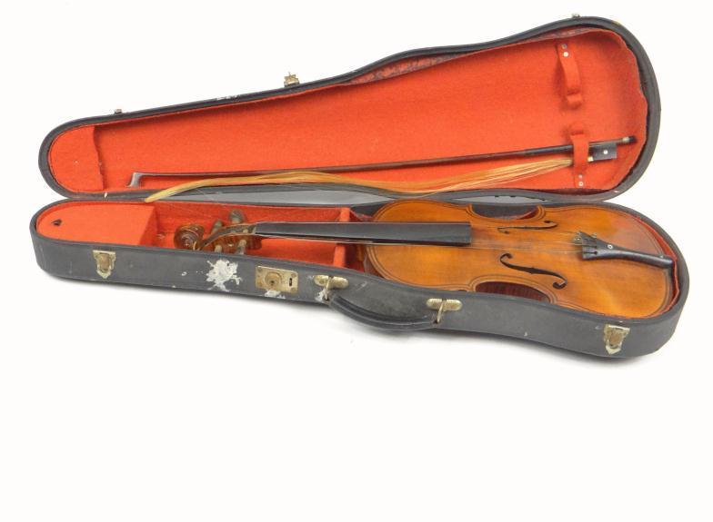 Wooden violin with two piece back and ebonised fittings, together with bow with mother of pearl