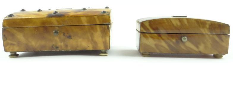 Two 19th century blond tortoiseshell veneered jewel boxes, the larger 7cm in length : For