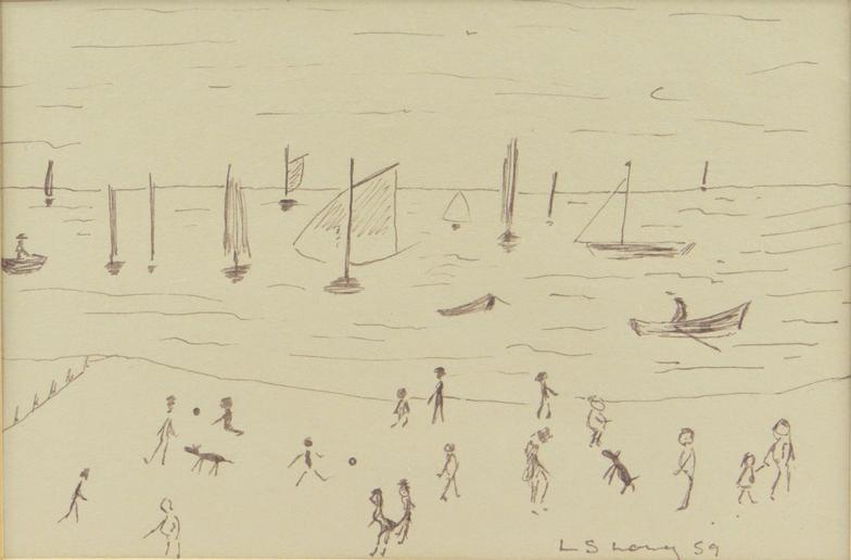 "L.S. Lowry - Ink sketch of figures and animals on the beach, paper label to reverse, 11cm x 17cm
