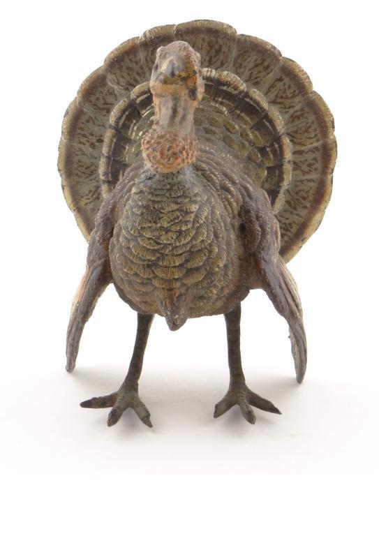 Austrian cold painted bronze turkey stamped `Geschutzt` to the base, 9cm high : For Condition