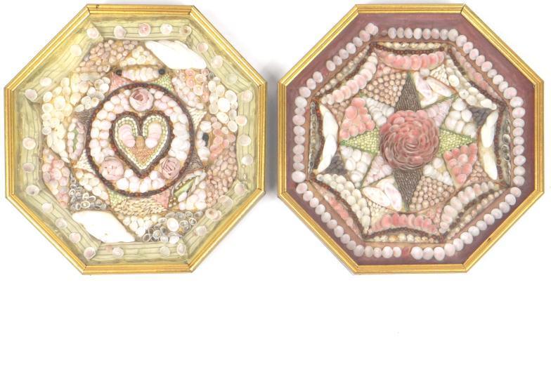 Pair of antique sailor`s shellwork Valentines, each housed in a glazed octagonal case, the cases