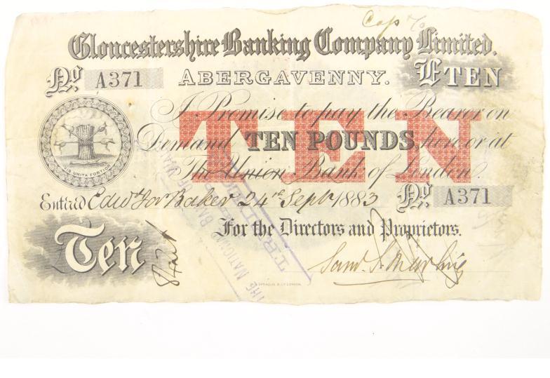 Gloucestershire Banking Company Limited Abergavenny £10 note numbered 371 and dated 24th September