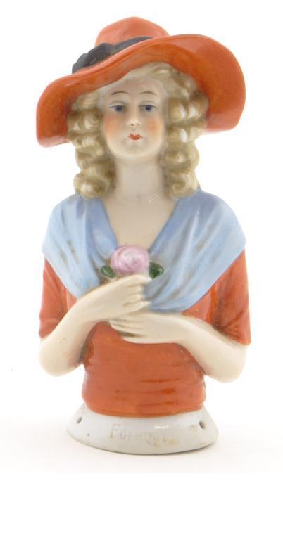 Large Edwardian Continental china half doll with hand painted decoration, 14cm high : For