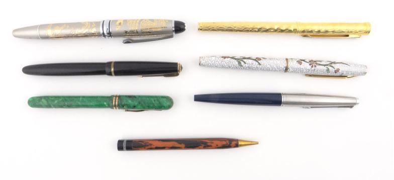 Collection of fountain and ballpoint pens including green marbleised example, Parker cloisonne
