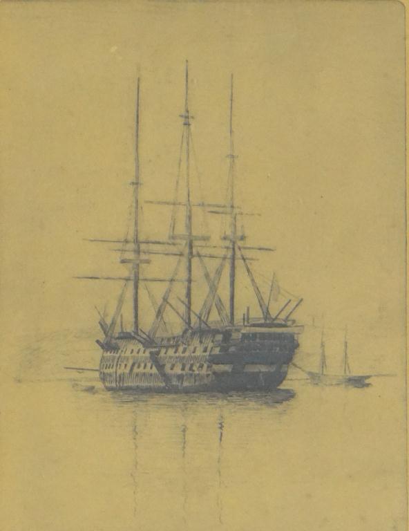 William Lyall - Pencil signed engraving of a rigged naval ship, mounted and framed, 21cm x 15cm :
