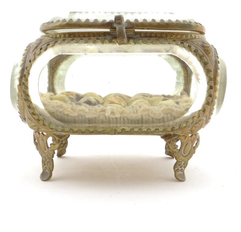 French Palais Royale style gilt brass jewel box with bevelled glass panels, 9cm in length : For