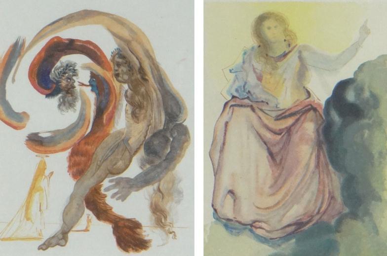 Two watercolours of mythological figures titled `Perdatory Canto 18` and `Heaven Canto 4`, each