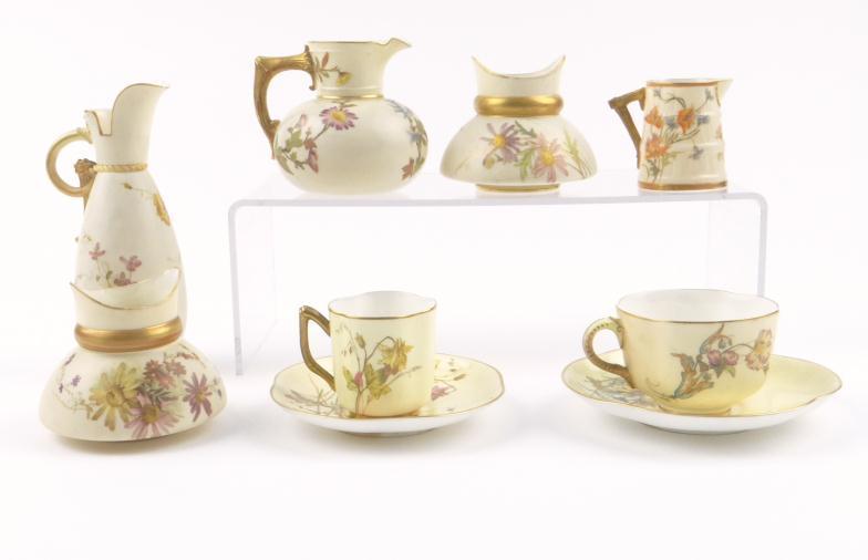 Collection of Worcester blush ivory wares, each decorated with flowers comprising a pair of vases