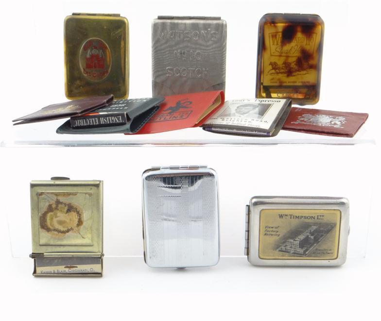 Collection of advertising matchbook cases of metal, composition and faux leather construction :