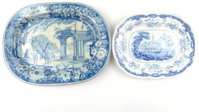 Two 19th century rectangular meat platters, blue transfer printed with Chinese marine pattern and