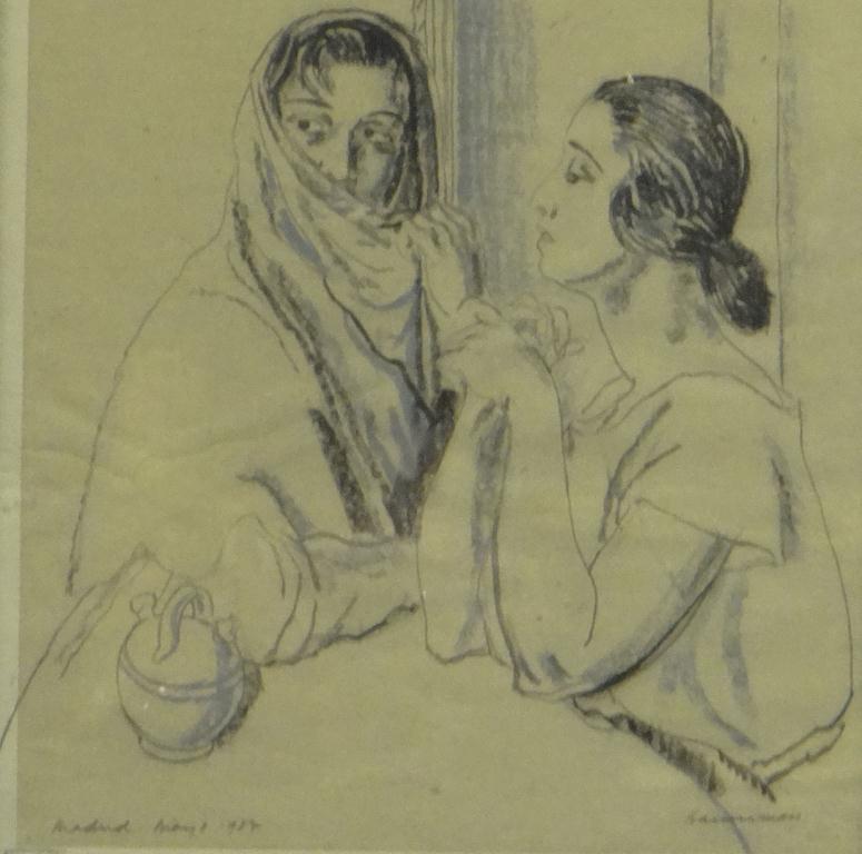 Pastel and charcoal portrait of two females talking, indistinctly signed and inscribed `Madrid`,