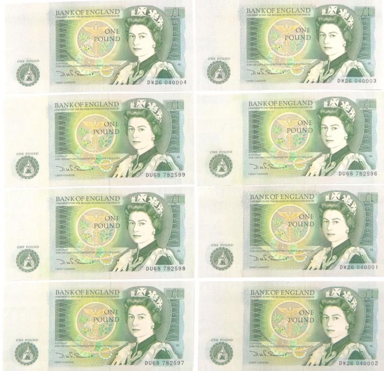 Eight Bank of England Elizabeth II £1 notes formed of two groups of notes with consecutive serial