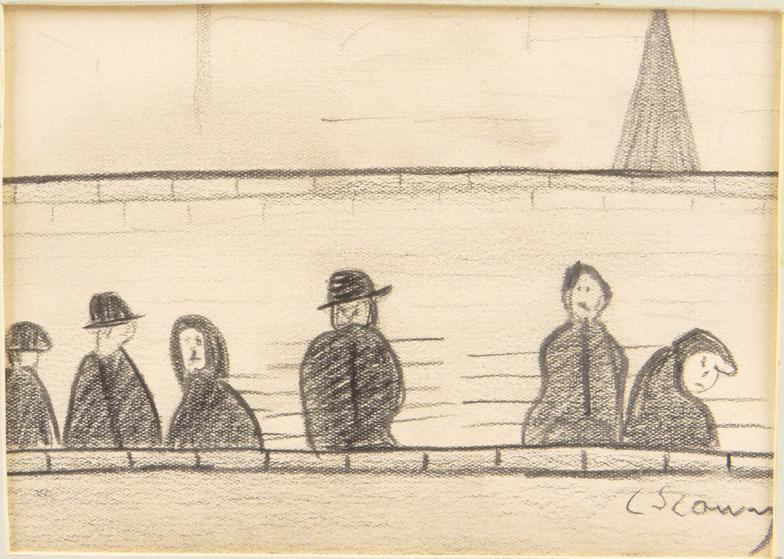 "L.S. Lowry - Pencil sketch of figures beside a wall, signed to lower right corner, 10cm x 14cm