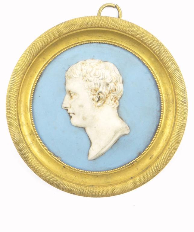 19th Century Wedgwood style light blue Jasperware portrait plaque, housed in an engine turned