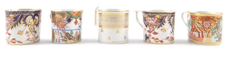 Five early 19th century English china coffee cans by Derby, Coalport, Spode, etc, each with gilt and