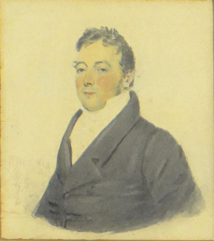 19th Century English watercolour portrait of a gentleman, mounted and birdseye maple framed, 11cm