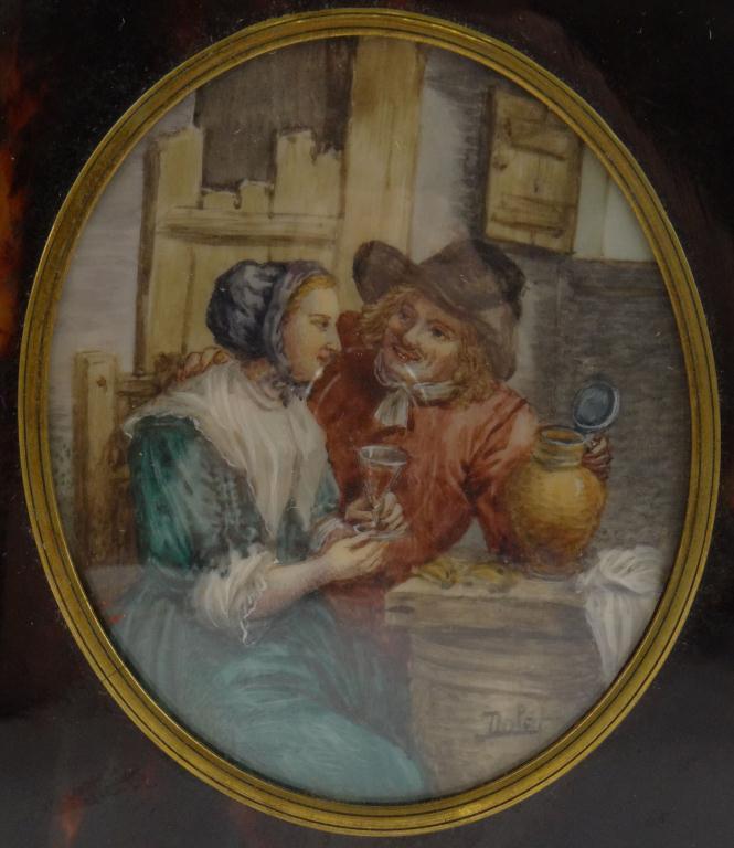 Oval miniature painting depicting a scene of merriment, signed Dolet and housed in a faux