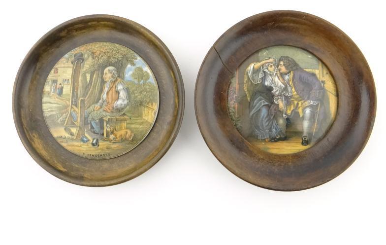 Two Victorian pot lids - Uncle Toby and Il Penseroso, each wooden framed, each 10cm diameter : For