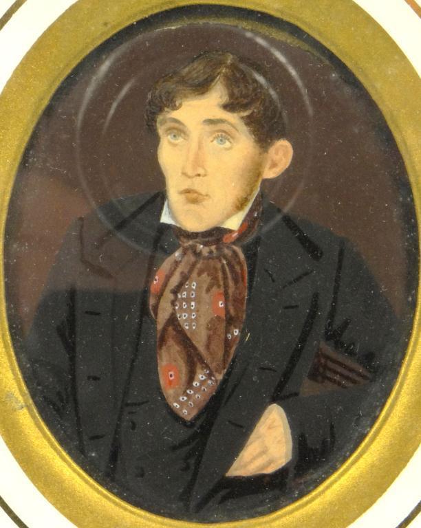 Oval portrait miniature of a gentleman housed in an ebonised frame, the miniature 7cm x 5.5cm